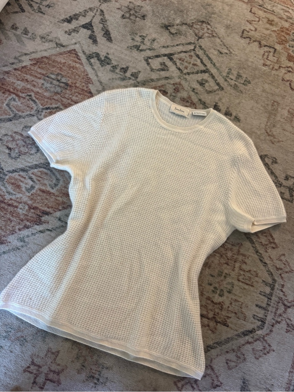 100% cashmere: Neiman Marcus Cream Waffle-Knit Short-Sleeve Tee